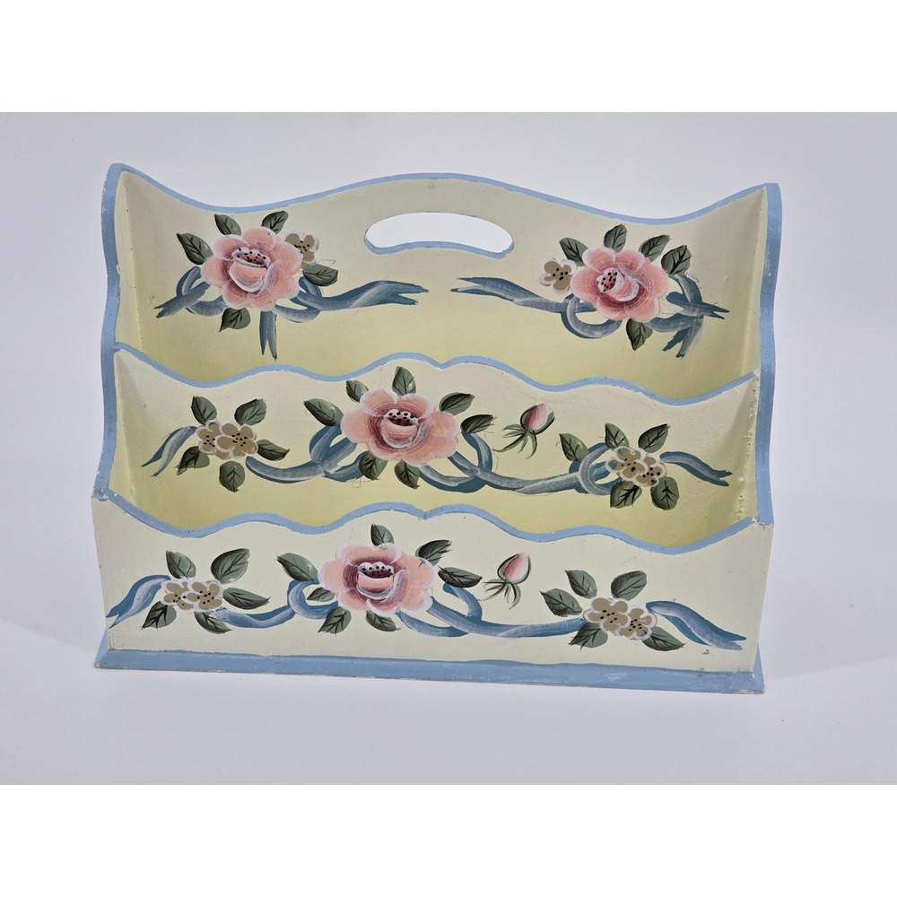 Vintage Hand Painted Wooden Desk Organizer Mail Sorter Floral Rose Cottagecore